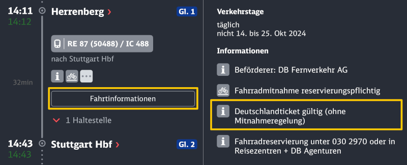 Im der App DB Navigator kann in der übersicht einer geplanten Fahrt über die Fahrtinformationen in den Hinweisen zu der Fahrt herausgefunden werden, ob das Deutschlandticket auf der InterCity-Strecke gilt.