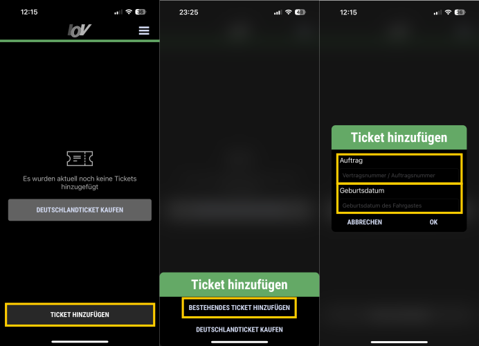 Die IOV-Ticket-App und wo man was eingeben muss, um zu seinem Ticket zu gelangen.